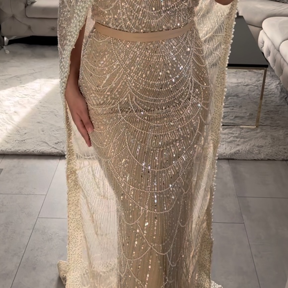 NWT Dubai Arabia Nude Mermaid Long Cape Luxury Evening Dresses Gowns - Picture 3 of 4